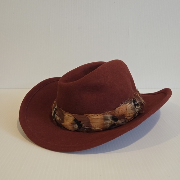 Betmar New York 100% Wool Hat Cowboy Fedora Style Red Rust Designer Feather Band - Picture 1 of 16